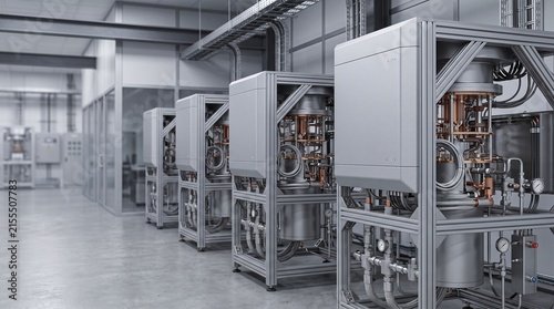 Quantum computer cooling modules array facility 3D illustration with copy space