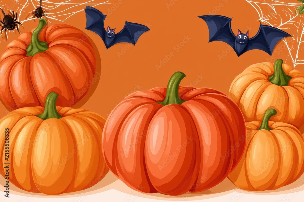 Fototapeta premium Halloween pumpkins with bats and spiderwebs in decorative corner frame design
