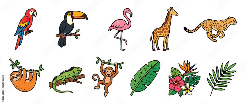 Obraz premium Cute cartoon jungle animals and tropical plants isolated