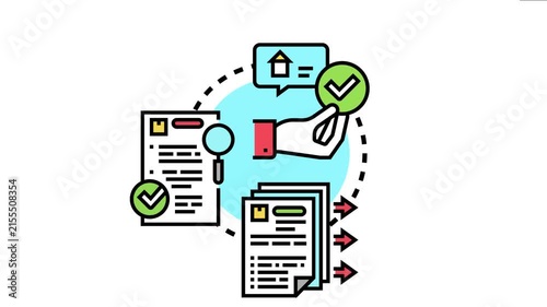 Hand holding a checkmark icon while processing documents from application to approval and acceptance, symbolizing successful transaction or decision