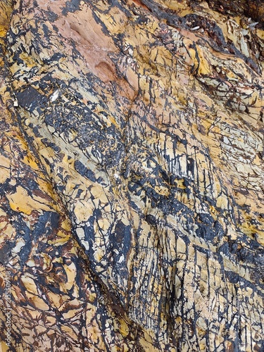 Fotografía Full frame close up view of weathered natural rock surface with intricate black vein patterns across yellow and brown stone