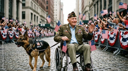 Smiling elderly veteran in wheelchair waves small flags during parade; service dog in vest walks beside. Crowd behind barriers holds flags and bunting; street lined with tall buildings