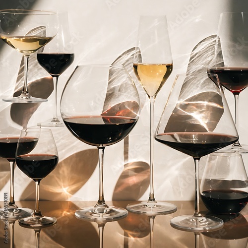 An upscale display of different crystal wine glasses and cocktail coupes set for a party celebration.