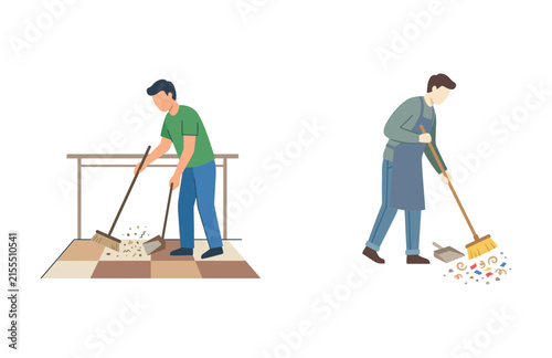 Flat vector illustration of two men cleaning floor surfaces with brooms and dustpans in indoor setting