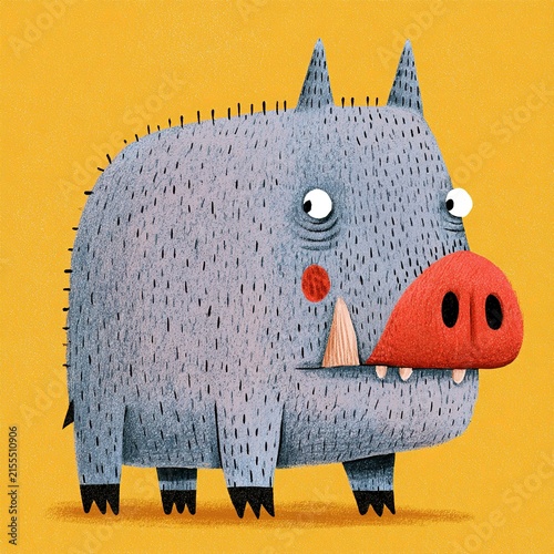 Cute wild boar pig standing on yellow background