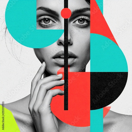 Woman portrait with abstract geometric colorful shapes