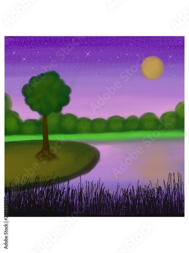Fotografie Solitary green tree standing proud on a beautiful riverbank