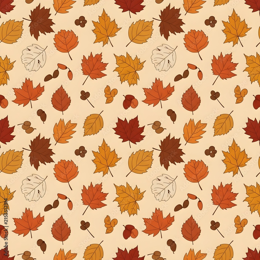 TITLE:
Autumn Leaves Seamless Vector Pattern

DESCRIPTION:
Warm autumn foliage pattern with maple and oak leaves in a dense tossed repeat for seamless tiling.

