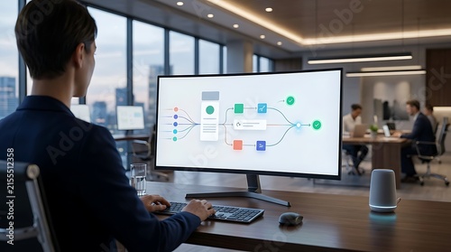 Professional working on a computer screen displaying a complex data workflow diagram in a modern office.