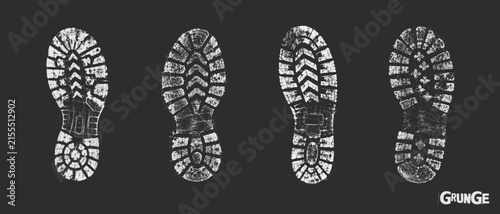 Set of four distressed boot sole prints with rugged tread patterns and worn grunge texture. Vintage footwear footprints ideal for posters, streetwear, punk graphics, collages and urban designs.