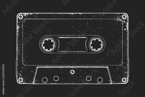 Black and white vintage cassette tape illustration with distressed grunge texture, scratches and worn details. Perfect for retro music, punk, rock, 80s and 90s inspired designs. Grunge Vintage Audio 