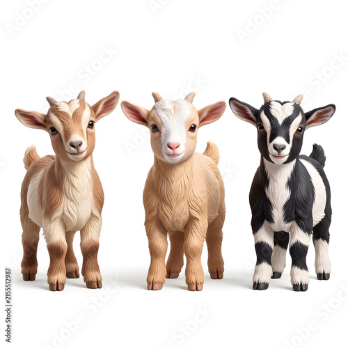Three adorable young goats standing together in different natural colors, featuring soft textured coats, gentle expressions, small horns, cute proportions, and polished 3D styling.