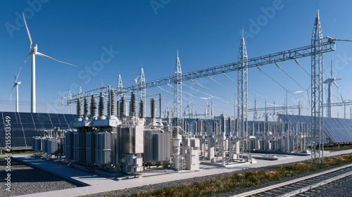 Industrial power substation with transformers and wind turbines under clear blue sky