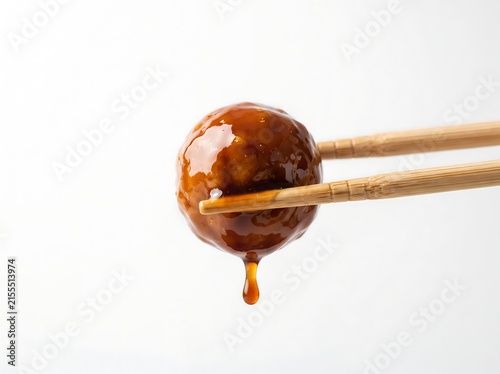 A single delicious meatball glazed in a glossy, savory brown sauce held by wooden chopsticks, isolated on white background