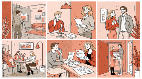 First-time home buyer journey visual sequence concept showing the same young couple at four believable stages: property viewing, mortgage consultation, document approval and