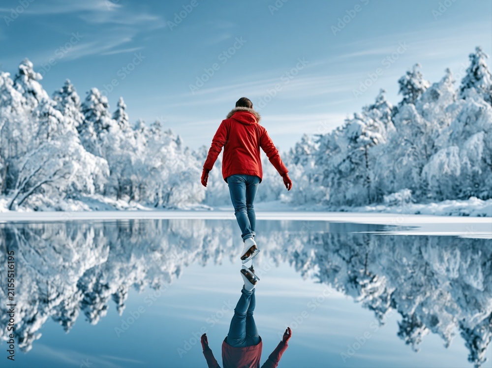 Obraz premium Person walks on frozen water surrounded by snow-covered trees in winter landscape