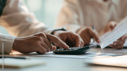 Mortgage broker explaining how a change in interest rates could affect a borrower’s monthly mortgage payment, advisor using a calculator and a simple printed repayment comparison