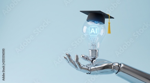 Silver robotic hand palm up holding light bulb with glowing circuit pattern and black graduation cap representing future academic success and intelligent learning technologies