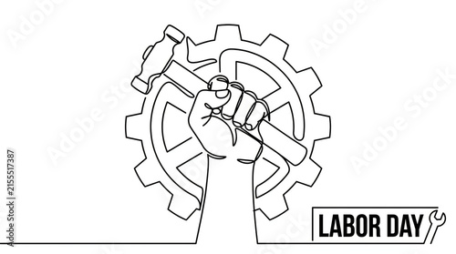 A black and white line art illustration of a raised fist inside a mechanical gear for labor day