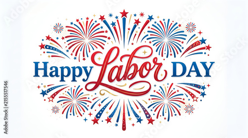 Festive happy labor day greeting card design with colorful hand drawn fireworks on a white background