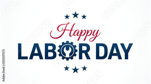 Happy labor day greeting card design with blue text and industrial gear icon on white background