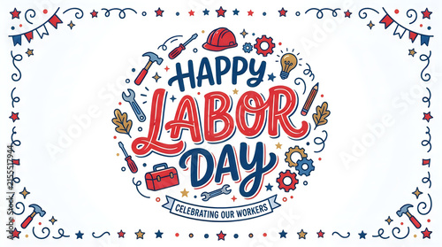 Festive happy labor day typography illustration with decorative elements and a white background