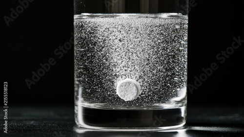 A clear glass filled with water shows an effervescent tablet slowly dissolving at the bottom. Bubbles rise to the surface as the tablet breaks apart. The setting is dark and simple