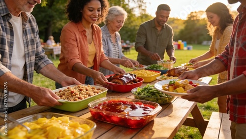 Diverse neighbors sharing food at an outdoor potluck dinner party in a sunny park setting.