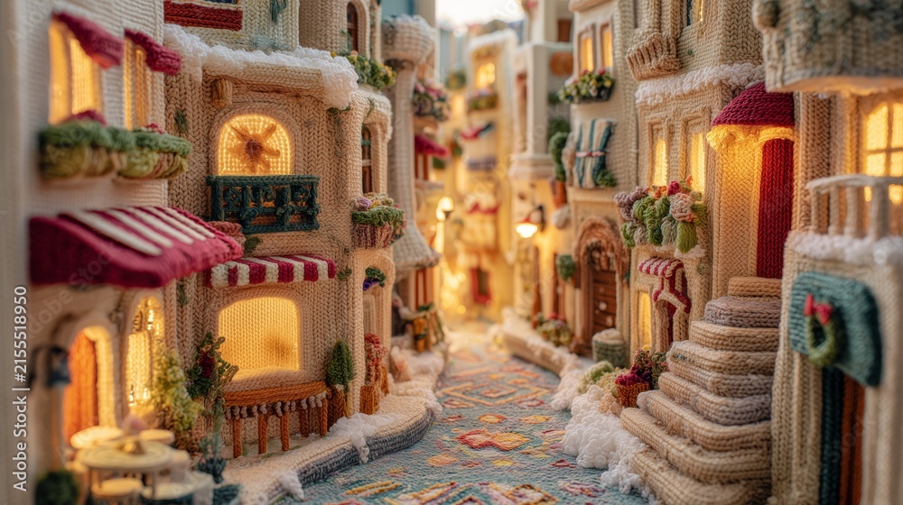 Fototapeta premium Cozy knitted village street scene featuring warm glowing lights, colorful yarn buildings, and festive atmosphere.