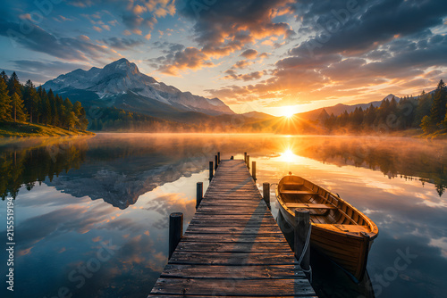 Serene mountain lake at sunset features a wooden pier, rowboat, forested shoreline, mist, dramatic peaks, and vivid reflections across calm water.