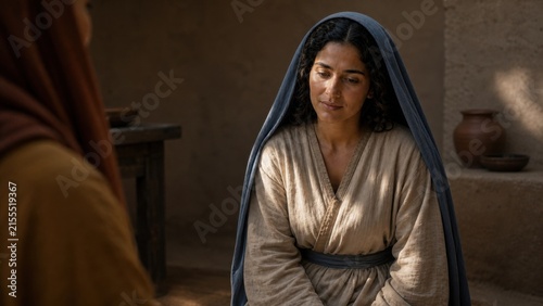 Biblical woman Martha listening to Jesus in a humble ancient home. Gospel story of hospitality, spiritual attention, service, and choosing the better part from Luke.
