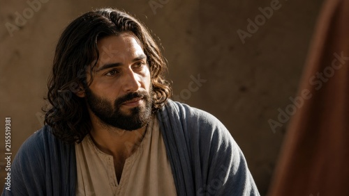 Jesus Christ portrayed as a compassionate teacher in a humble ancient home. Biblical scene symbolizing faith, attentive listening, spiritual wisdom, and devotion from the Gospel of Luke.