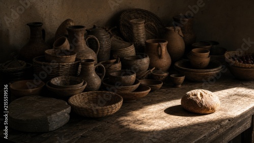 Rustic biblical kitchen with handmade pottery, woven baskets, bread, and serving dishes prepared for hospitality and a shared meal in an ancient home