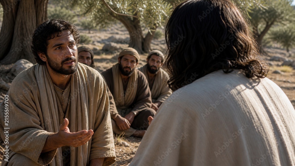 Obraz premium Jesus teaches his disciples about prayer beneath olive trees. Biblical scene inspired by Luke 11, depicting spiritual guidance, faith, devotion, and the request to learn how to pray.