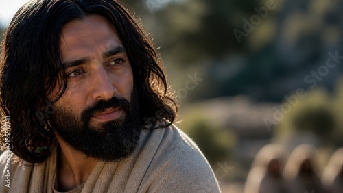 Jesus teaching disciples about prayer outdoors. Close-up biblical portrait with thoughtful expression, followers in soft focus, and copy space for Christian faith content.