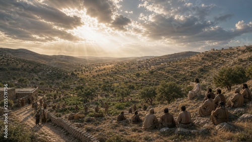 Jesus teaching disciples to pray on a hillside overlooking an ancient village and valley. Biblical scene of faith, devotion, spiritual guidance, and the coming kingdom.