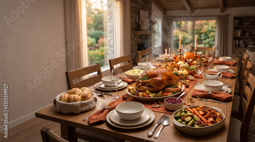 Traditional Thanksgiving Dinner Table with Roasted Turkey