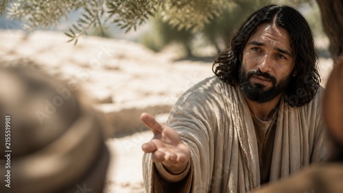 Jesus teaching disciples about prayer with an open hand in a sunlit olive grove. Biblical scene illustrating faith, guidance, compassion, and the invitation to ask and seek.