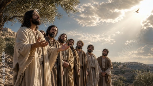Jesus teaches his disciples about prayer beneath an olive tree on a hillside. Biblical scene of faith, guidance, devotion, and spiritual instruction in ancient Jerusalem.
