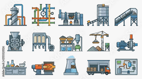 Minimalist Illustrated Collection of Industrial Machinery and Chemical Processing Equipment in Vibrant Blues Grays and Oranges
