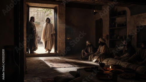 Jesus entering a humble ancient home for a meal with Pharisees and disciples. Biblical scene illustrating Luke 11, religious teaching, hospitality, judgment, and spiritual truth.