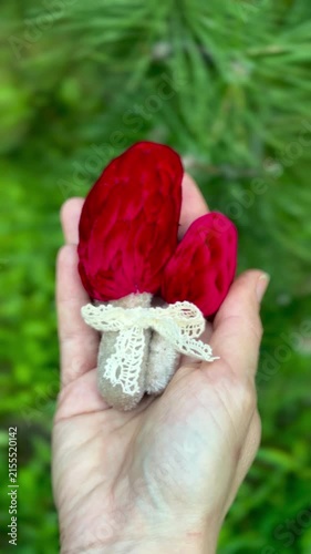 Red decorative mushroom figurine, festive holiday table decor