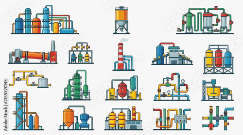 Elegant Collection of Colorful Industrial Machinery and Chemical Processing Equipment Illustrations