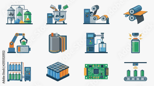 Minimalist of Battery Manufacturing Process with Colorful Industrial Equipment and Components with high quality professional line art symbols for modern creative design and digital branding projects