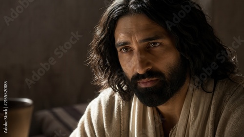 Bearded man portraying Jesus teaching with a serious expression. Biblical scene illustrating truth, spiritual judgment, and confrontation with religious hypocrisy from the Gospel of Luke.