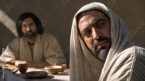 Jesus confronting a Pharisee during a meal. Biblical scene illustrating hypocrisy, inner purity, religious judgment, and the Gospel teaching from Luke chapter eleven.