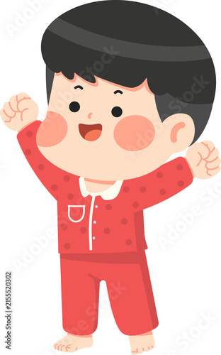 A cheerful little boy in red polka dot pajamas stretches his arms with a happy smile, waking up refreshed. Clean flat illustration style with bright colors, perfect for parenting, health, or morning r
