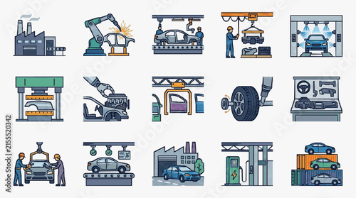 Modern Illustrated Guide to Automobile Manufacturing and Assembly Line Processes with high quality professional line art symbols for modern creative design and digital branding projects