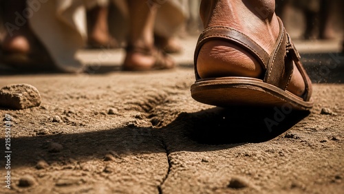 Close view of a sandal stepping across an ancient stone road. Biblical journey representing discipleship, humility, spiritual teaching, and the path of faith.