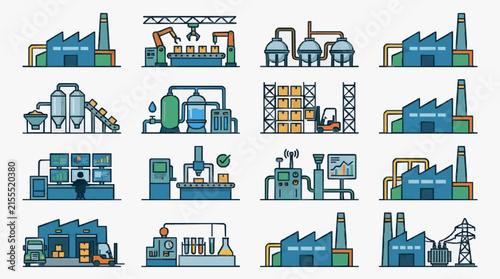 Sleek Modern Industrial Process Icons Set Colorful Factory Machinery and Technology Illustrations